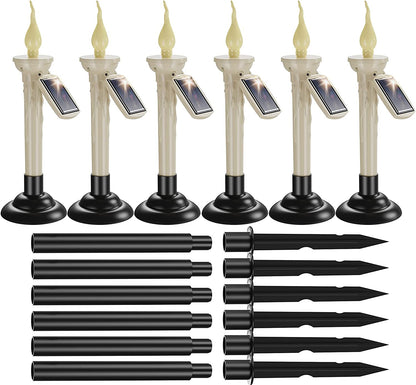 Set de 6 lampi solare LED stil lumanare, cu panou solar, impermeabile, lumanari fara flacara cu tarus de fixare in pamant
