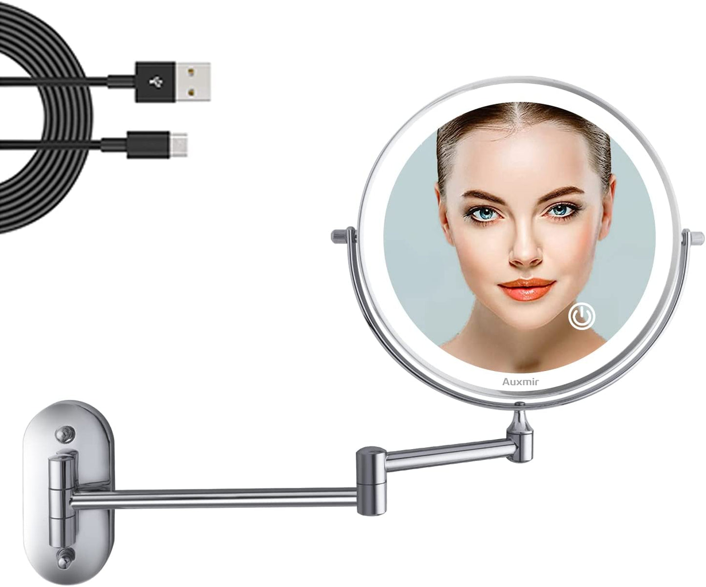 Oglinda cosmetica iluminata LED cu acumulator incorporat, cu marire 1X-5X, cu brat reglabil, intrerupator touch, cu rotire 360°, cu 2 fete, Auxmir