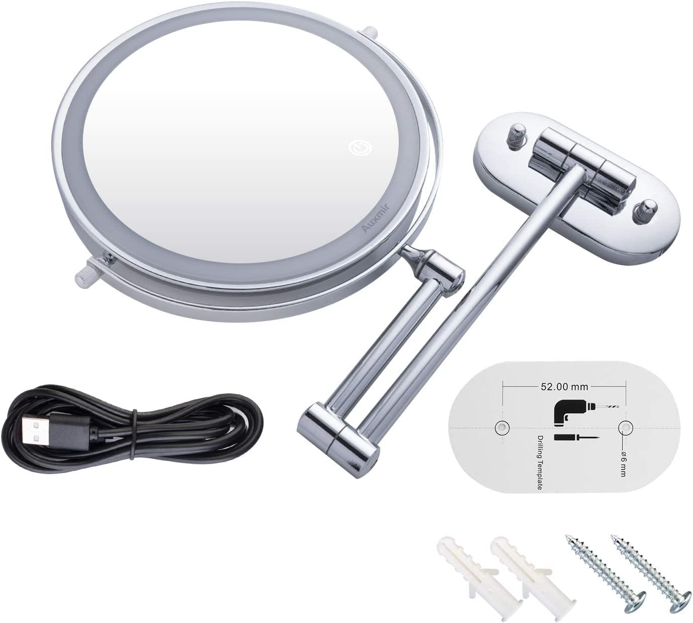 Oglinda cosmetica iluminata LED cu acumulator incorporat, cu marire 1X-5X, cu brat reglabil, intrerupator touch, cu rotire 360°, cu 2 fete, Auxmir