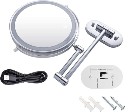 Oglinda cosmetica iluminata LED cu acumulator incorporat, cu marire 1X-5X, cu brat reglabil, intrerupator touch, cu rotire 360°, cu 2 fete, Auxmir