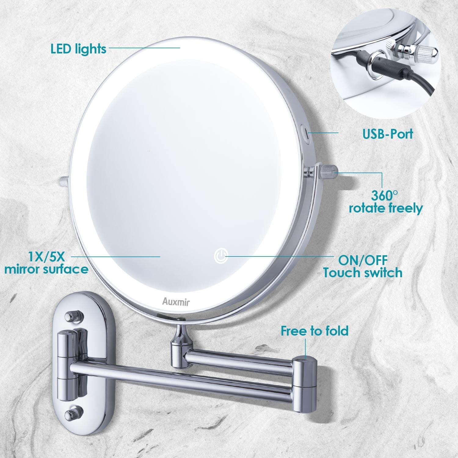 Oglinda cosmetica iluminata LED cu acumulator incorporat, cu marire 1X-5X, cu brat reglabil, intrerupator touch, cu rotire 360°, cu 2 fete, Auxmir