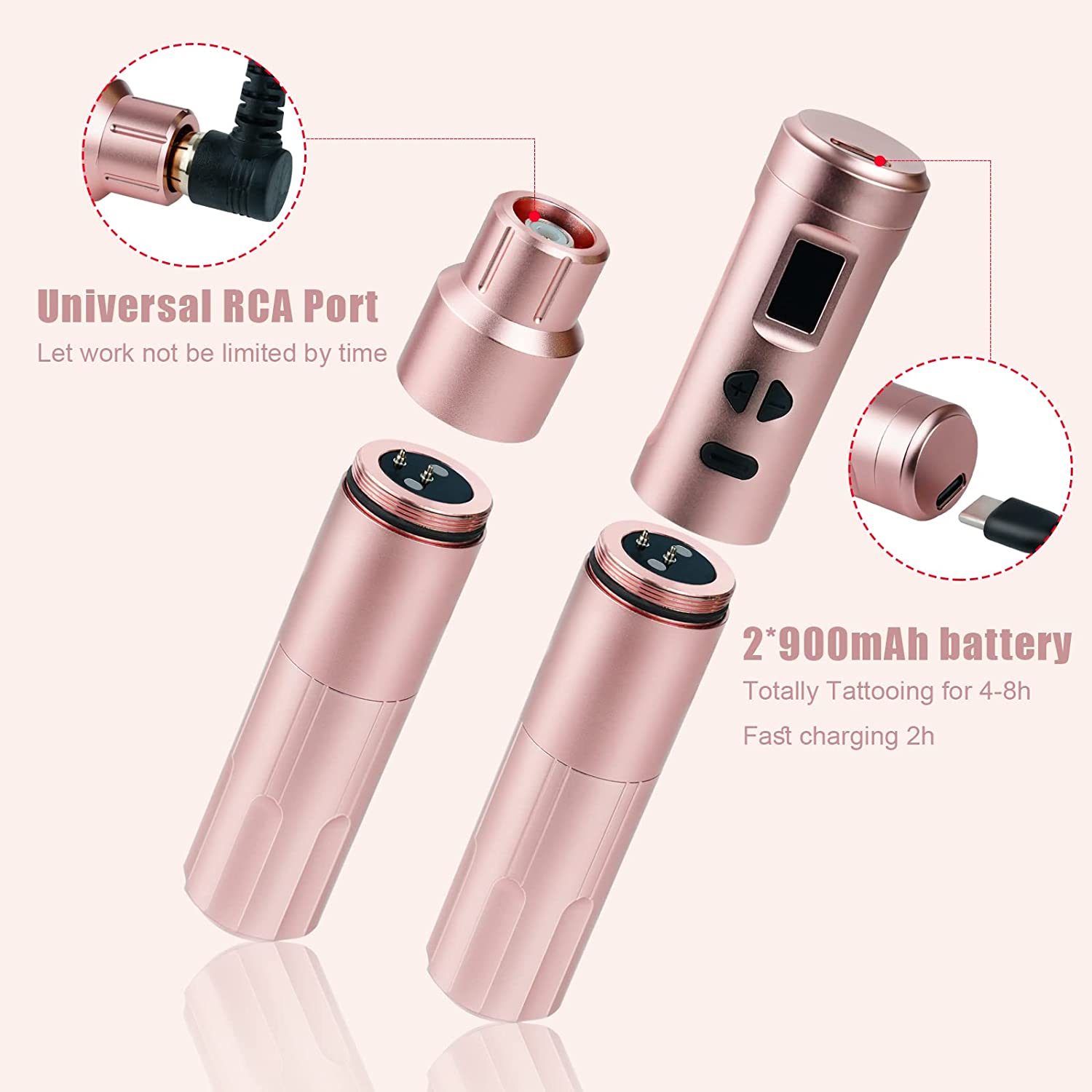 Set Aparat de micropigmentare, Machiaj permanent, pentru Sprancene, Buze, Eyeliner, wireless cu 2 acumulatori 900 mAh cu display OLED si adaptor RCA, rose gold