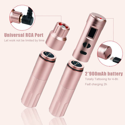 Set Aparat de micropigmentare, Machiaj permanent, pentru Sprancene, Buze, Eyeliner, wireless cu 2 acumulatori 900 mAh cu display OLED si adaptor RCA, rose gold