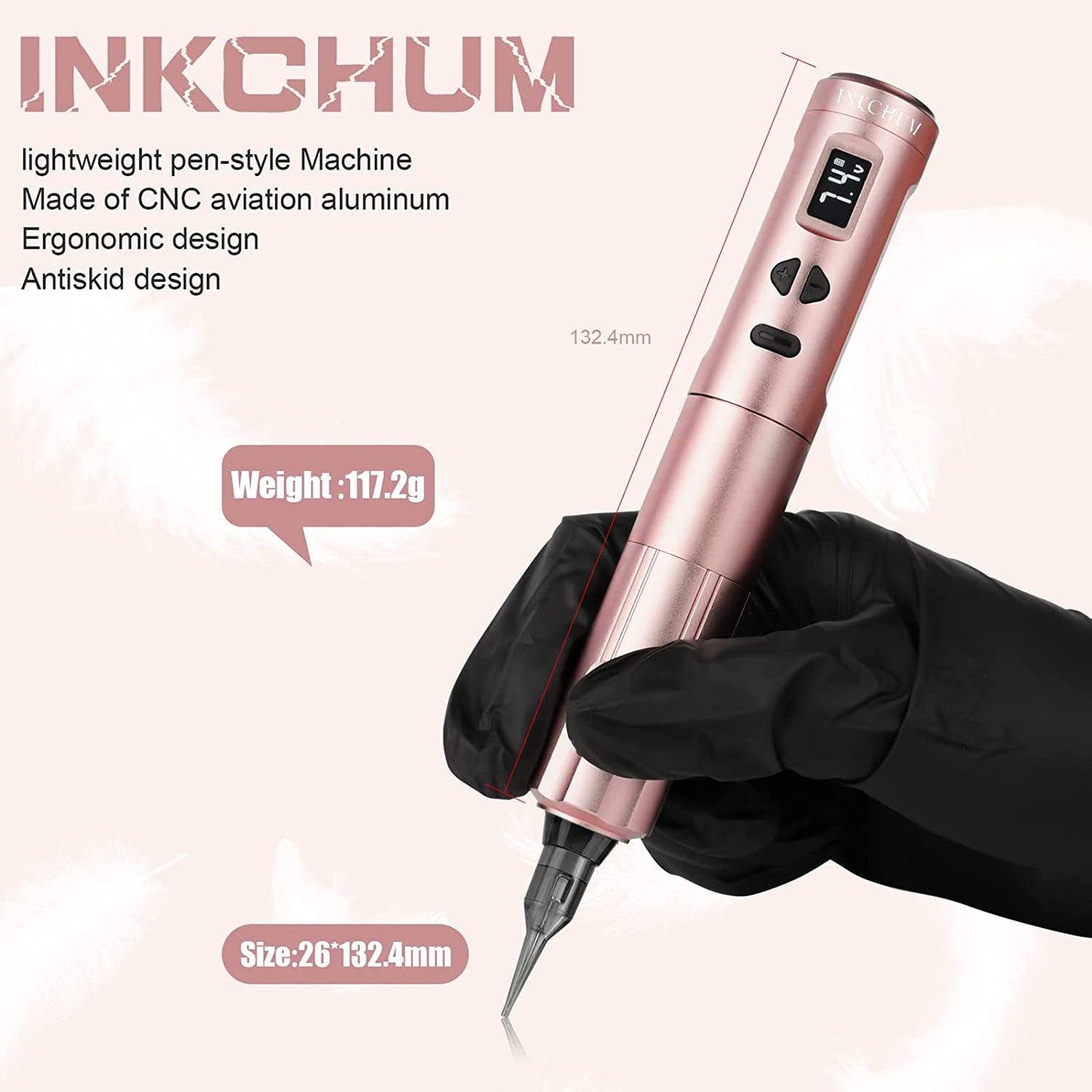 Set Aparat de micropigmentare, Machiaj permanent, pentru Sprancene, Buze, Eyeliner, wireless cu 2 acumulatori 900 mAh cu display OLED si adaptor RCA, rose gold