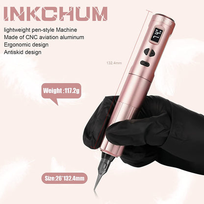Set Aparat de micropigmentare, Machiaj permanent, pentru Sprancene, Buze, Eyeliner, wireless cu 2 acumulatori 900 mAh cu display OLED si adaptor RCA, rose gold