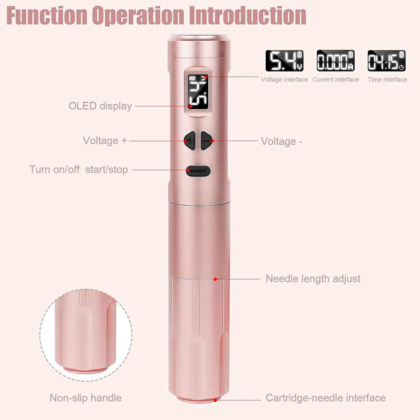 Set Aparat de micropigmentare, Machiaj permanent, pentru Sprancene, Buze, Eyeliner, wireless cu 2 acumulatori 900 mAh cu display OLED si adaptor RCA, rose gold