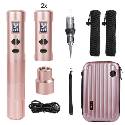 Set Aparat de micropigmentare, Machiaj permanent, pentru Sprancene, Buze, Eyeliner, wireless cu 2 acumulatori 900 mAh cu display OLED si adaptor RCA, rose gold