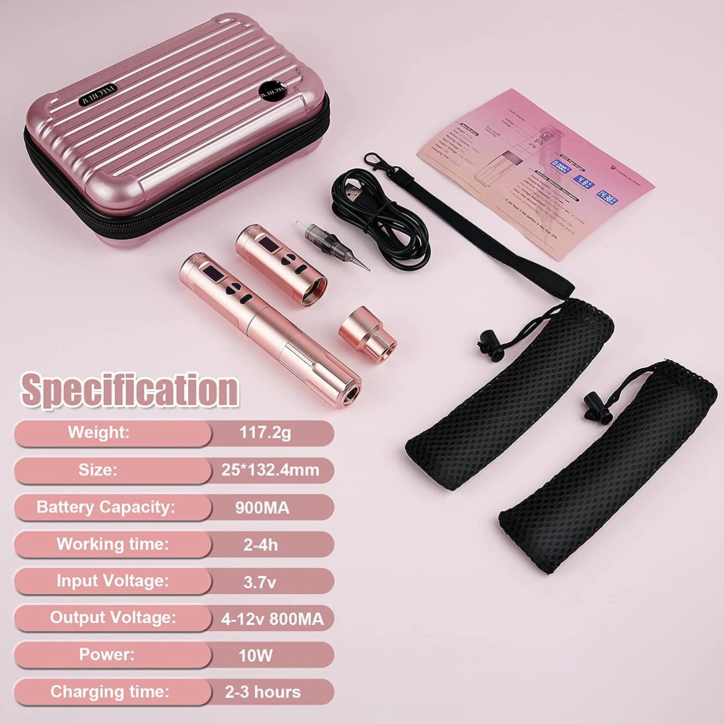 Set Aparat de micropigmentare, Machiaj permanent, pentru Sprancene, Buze, Eyeliner, wireless cu 2 acumulatori 900 mAh cu display OLED si adaptor RCA, rose gold