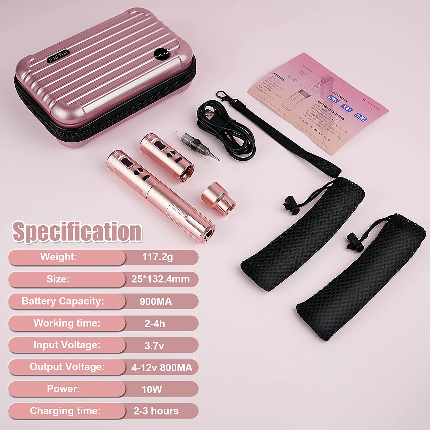 Set Aparat de micropigmentare, Machiaj permanent, pentru Sprancene, Buze, Eyeliner, wireless cu 2 acumulatori 900 mAh cu display OLED si adaptor RCA, rose gold