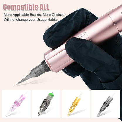Set Aparat de micropigmentare, Machiaj permanent, pentru Sprancene, Buze, Eyeliner, wireless cu 2 acumulatori 900 mAh cu display OLED si adaptor RCA, rose gold