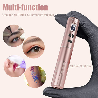 Set Aparat de micropigmentare, Machiaj permanent, pentru Sprancene, Buze, Eyeliner, wireless cu 2 acumulatori 900 mAh cu display OLED si adaptor RCA, rose gold