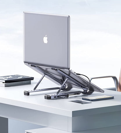 Suport pentru pentru laptop, cu Hub USB-C si 4 porturi USB 3.0, stand din aluminiu reglabil pe inaltime, pliabil, pentru notebook si laptop