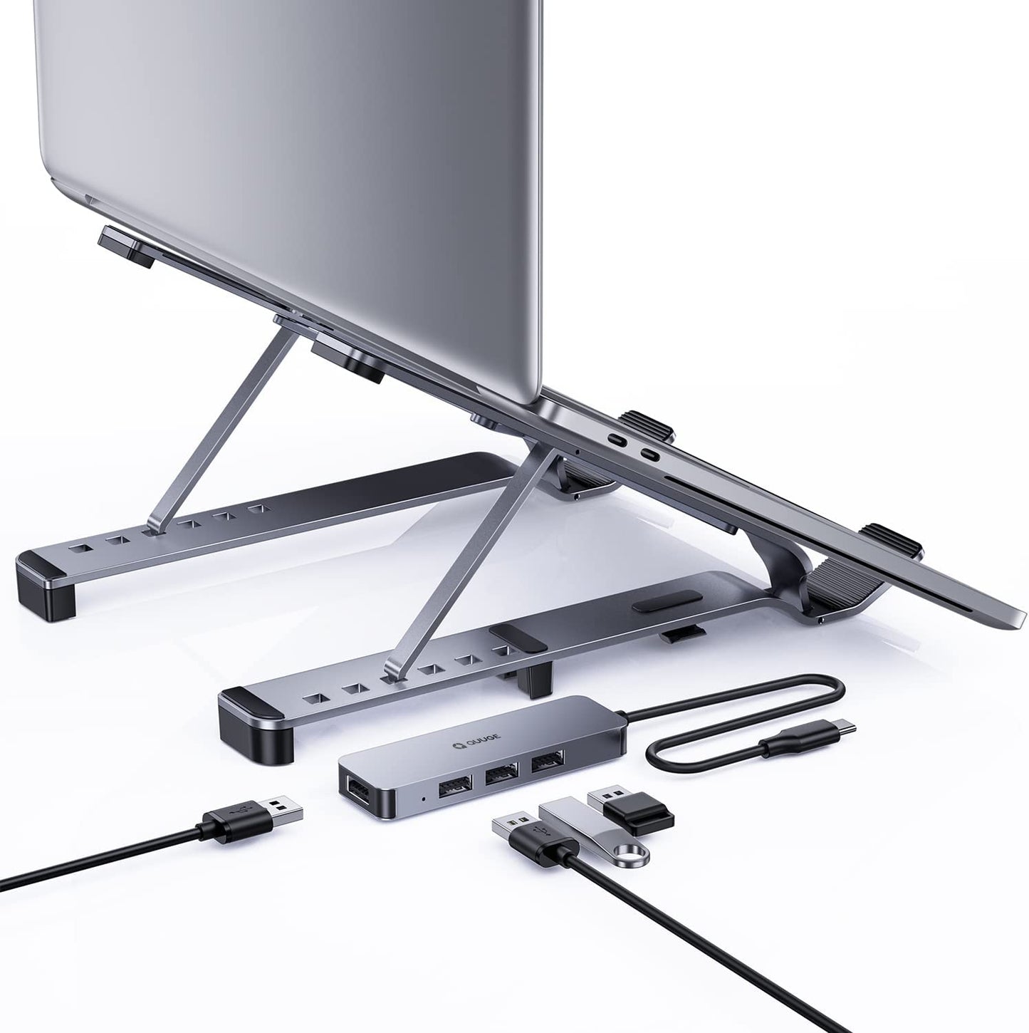 Suport pentru pentru laptop, cu Hub USB-C si 4 porturi USB 3.0, stand din aluminiu reglabil pe inaltime, pliabil, pentru notebook si laptop