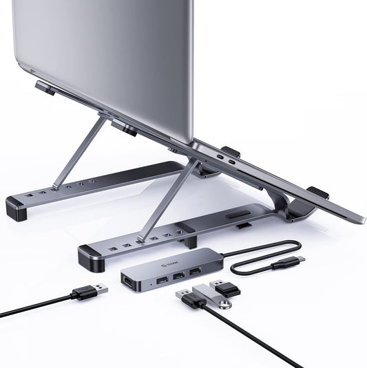 Suport pentru pentru laptop, cu Hub USB-C si 4 porturi USB 3.0, stand din aluminiu reglabil pe inaltime, pliabil, pentru notebook si laptop