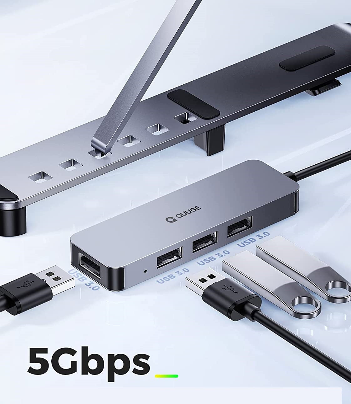 Suport pentru pentru laptop, cu Hub USB-C si 4 porturi USB 3.0, stand din aluminiu reglabil pe inaltime, pliabil, pentru notebook si laptop