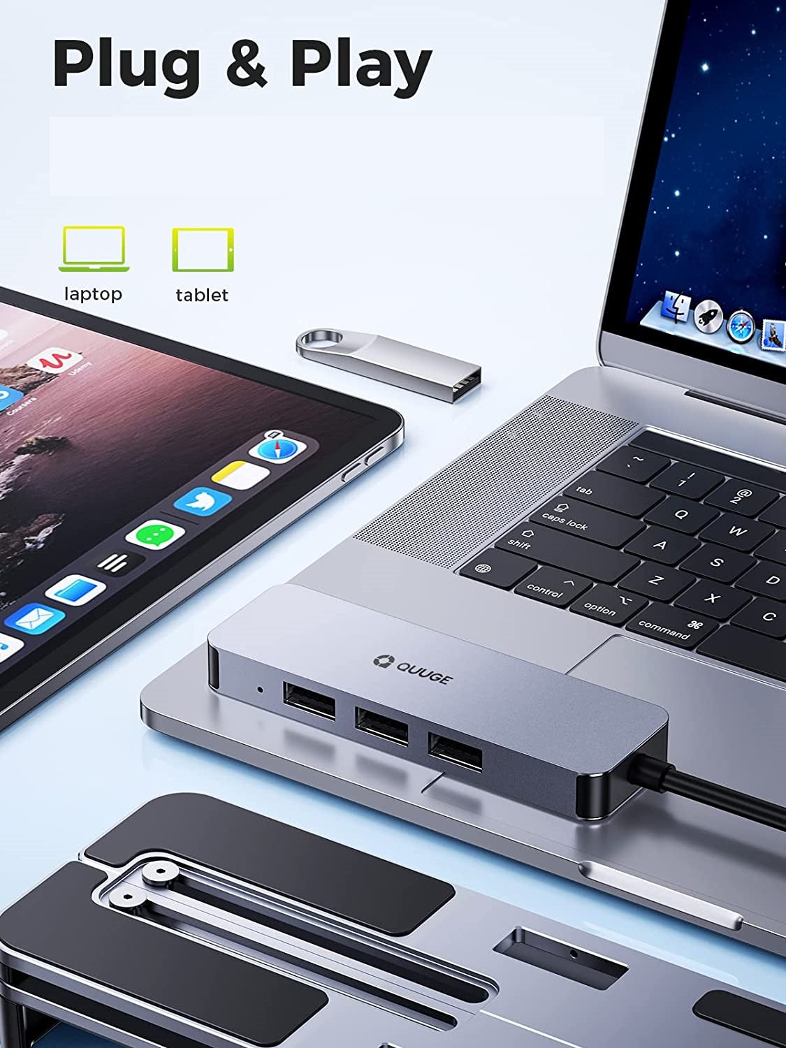 Suport pentru pentru laptop, cu Hub USB-C si 4 porturi USB 3.0, stand din aluminiu reglabil pe inaltime, pliabil, pentru notebook si laptop