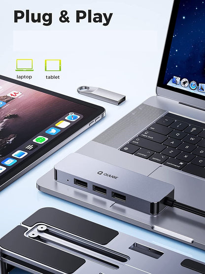 Suport pentru pentru laptop, cu Hub USB-C si 4 porturi USB 3.0, stand din aluminiu reglabil pe inaltime, pliabil, pentru notebook si laptop