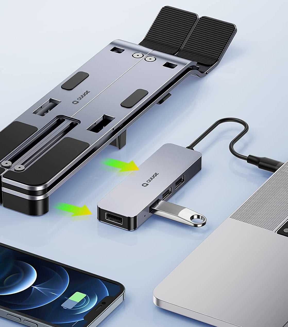 Suport pentru pentru laptop, cu Hub USB-C si 4 porturi USB 3.0, stand din aluminiu reglabil pe inaltime, pliabil, pentru notebook si laptop