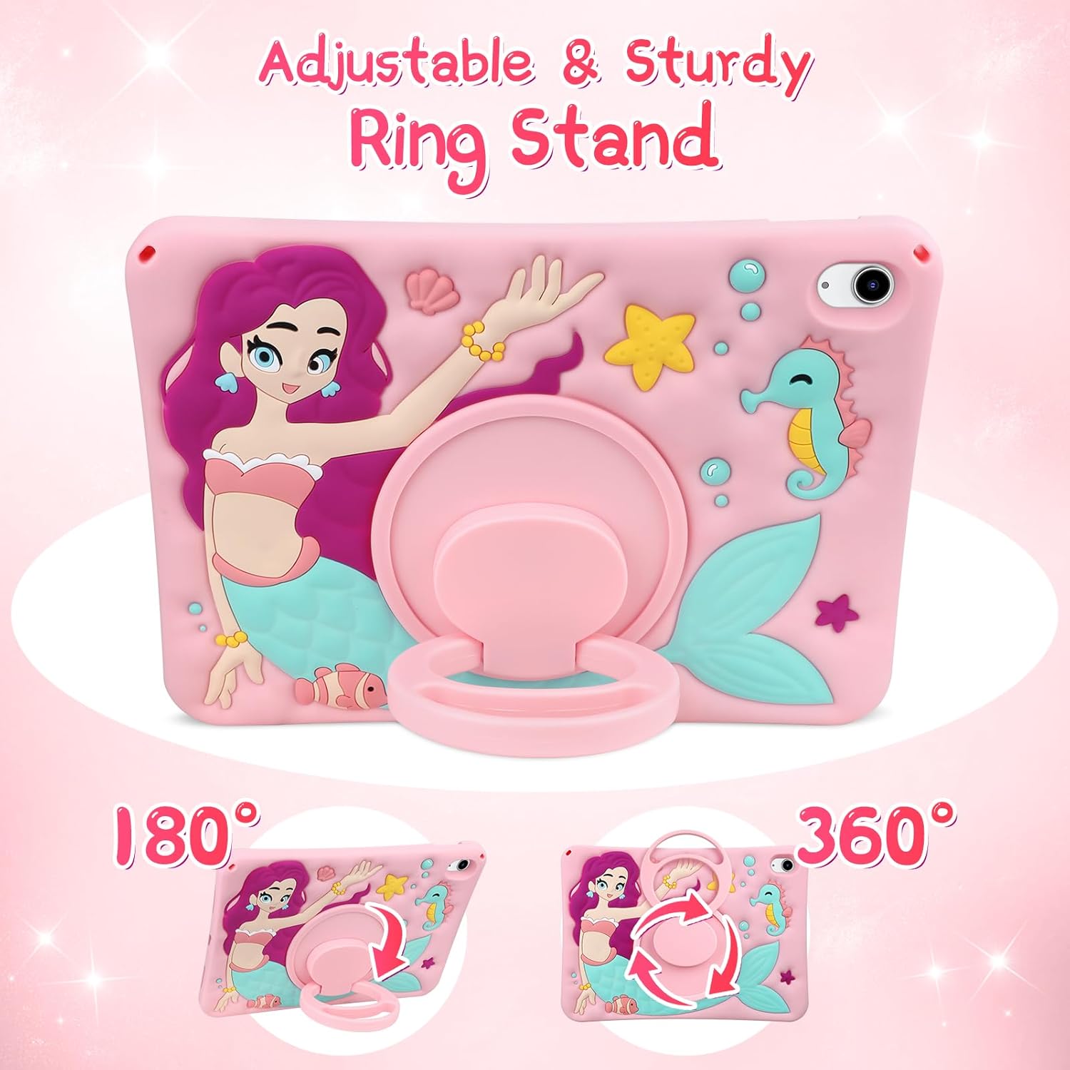Husa de protectie pentru iPad Gen 11 A16 si iPad Gen 10 2022 10.9 inch, model sirena, cu stand tip inel rotativ 360° si curea de umar, roz