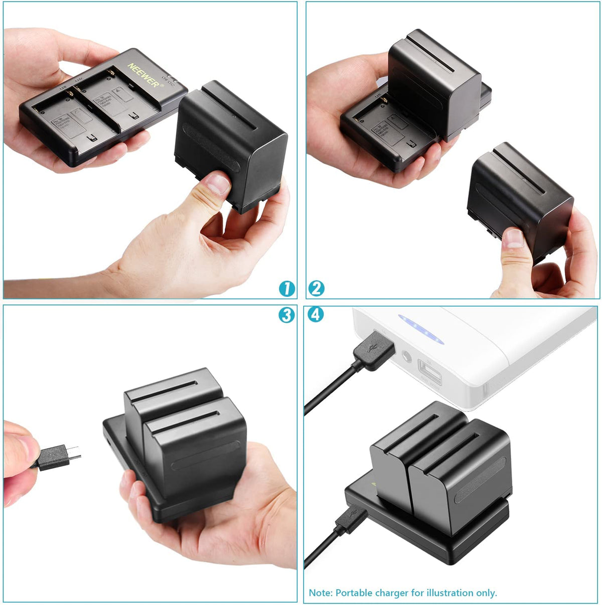 Set de 2 acumulatori NP-F970 de 6600 mAh cu incarcator dual, pentru Sony, F960 F950 F770 F750 F570 F550, lumina continua, monitor de camp