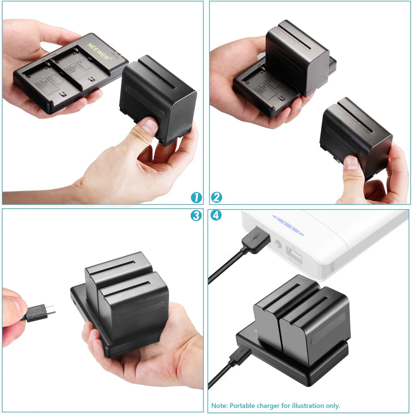 Set de 2 acumulatori NP-F970 de 6600 mAh cu incarcator dual, pentru Sony, F960 F950 F770 F750 F570 F550, lumina continua, monitor de camp