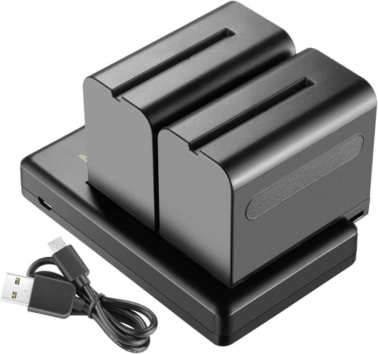 Set de 2 acumulatori NP-F970 de 6600 mAh cu incarcator dual, pentru Sony, F960 F950 F770 F750 F570 F550, lumina continua, monitor de camp