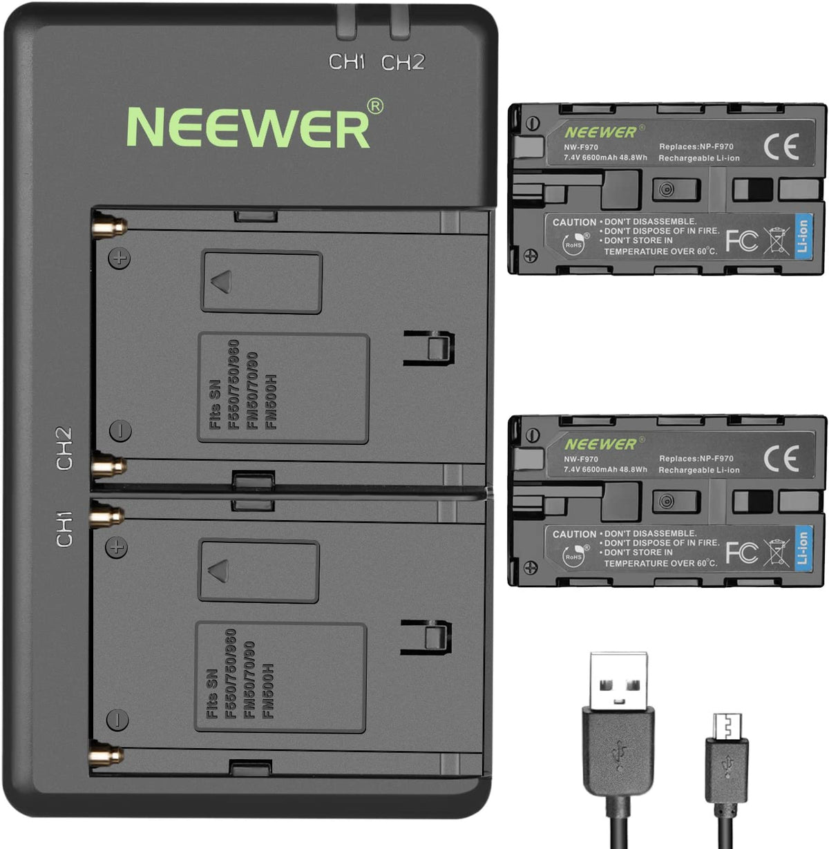 Set de 2 acumulatori NP-F970 de 6600 mAh cu incarcator dual, pentru Sony, F960 F950 F770 F750 F570 F550, lumina continua, monitor de camp