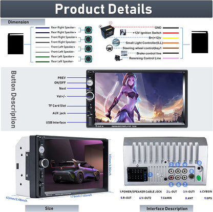 Radio auto cu Touchscreen de 7 inch, MP5 Bluetooth, MirrorLink, Camera de marsarier, Telecomanda, Comenzi volan, Port USB, AUX, Slor MicroSD, Radio Fm, 2 DIN