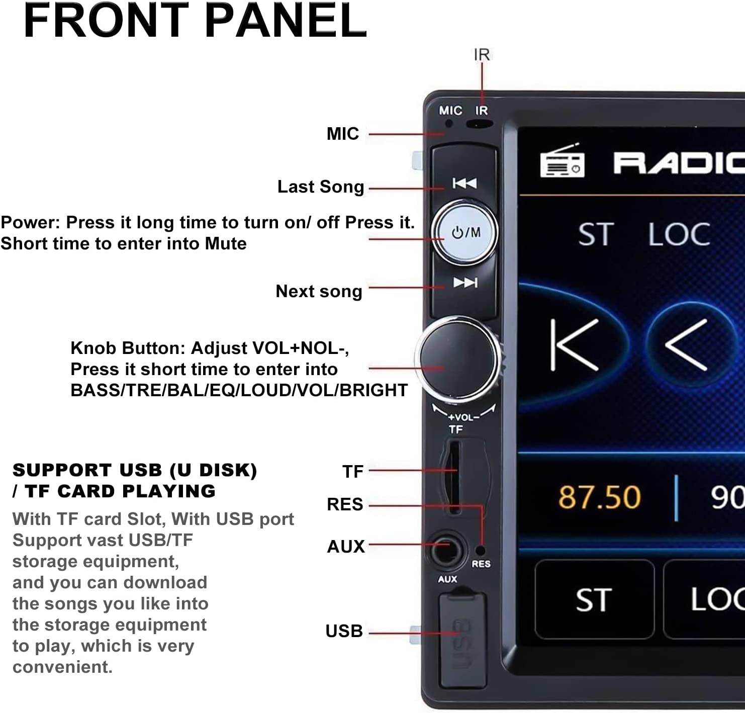 Radio auto cu Touchscreen de 7 inch, MP5 Bluetooth, MirrorLink, Camera de marsarier, Telecomanda, Comenzi volan, Port USB, AUX, Slor MicroSD, Radio Fm, 2 DIN