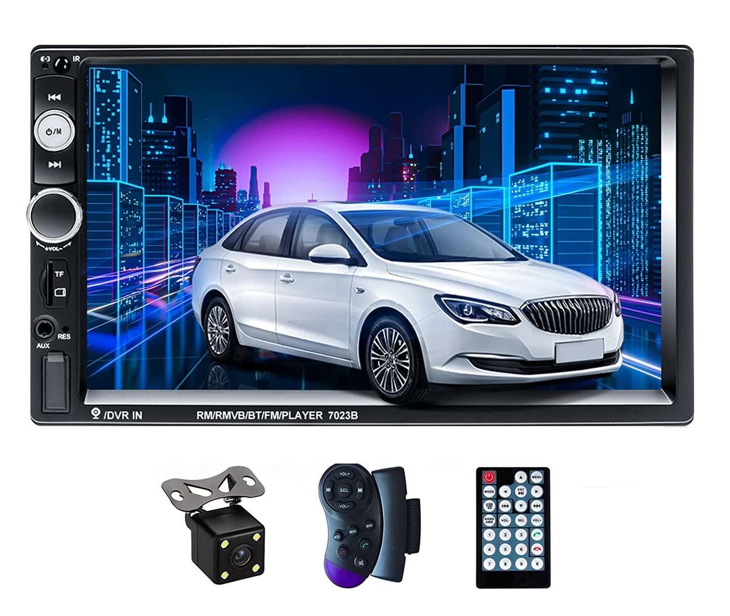 Radio auto cu Touchscreen de 7 inch, MP5 Bluetooth, MirrorLink, Camera de marsarier, Telecomanda, Comenzi volan, Port USB, AUX, Slor MicroSD, Radio Fm, 2 DIN