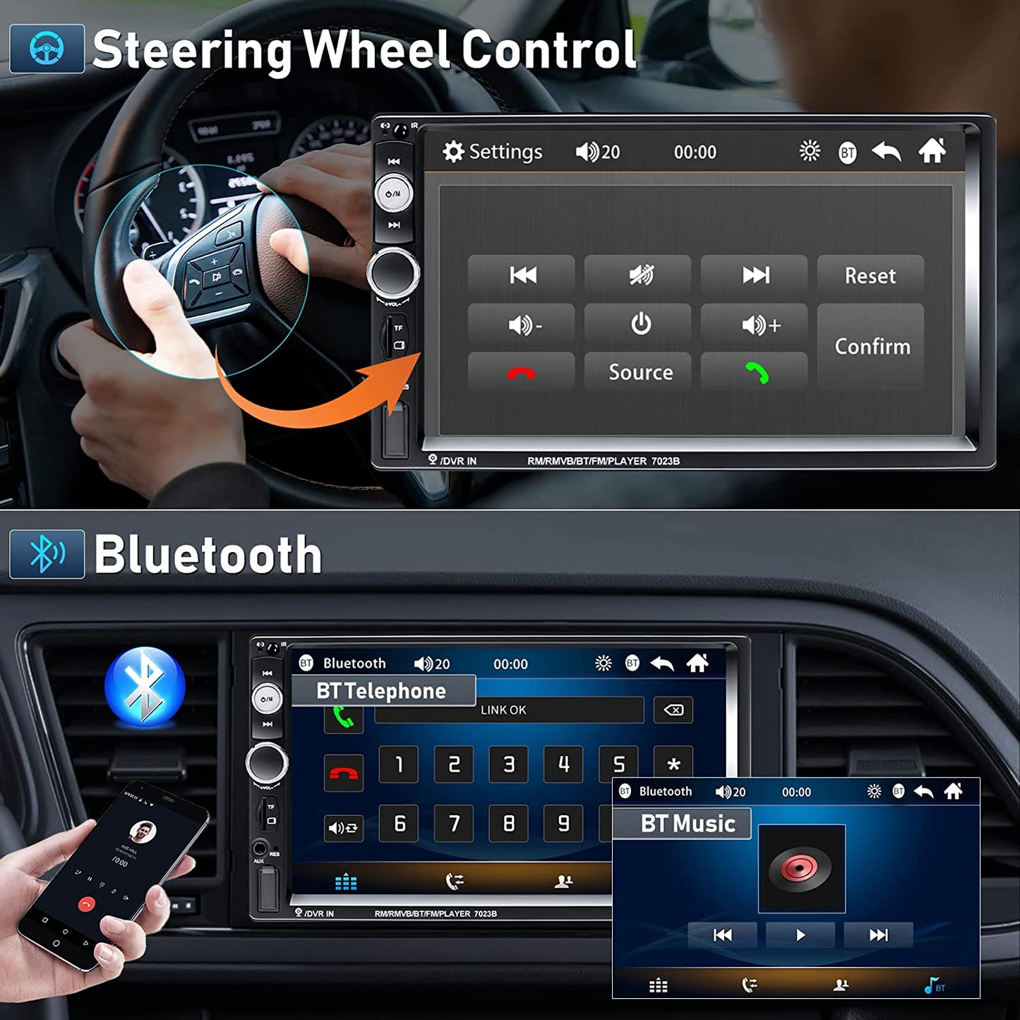Radio auto cu Touchscreen de 7 inch, MP5 Bluetooth, MirrorLink, Camera de marsarier, Telecomanda, Comenzi volan, Port USB, AUX, Slor MicroSD, Radio Fm, 2 DIN