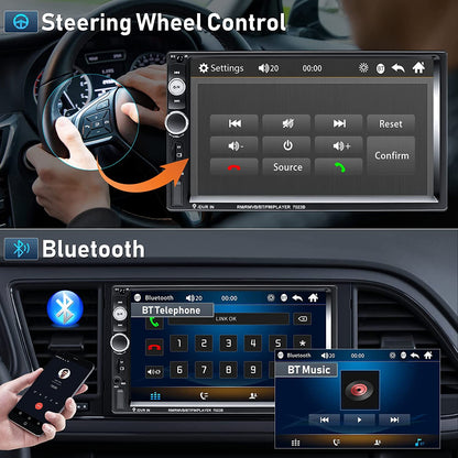 Radio auto cu Touchscreen de 7 inch, MP5 Bluetooth, MirrorLink, Camera de marsarier, Telecomanda, Comenzi volan, Port USB, AUX, Slor MicroSD, Radio Fm, 2 DIN