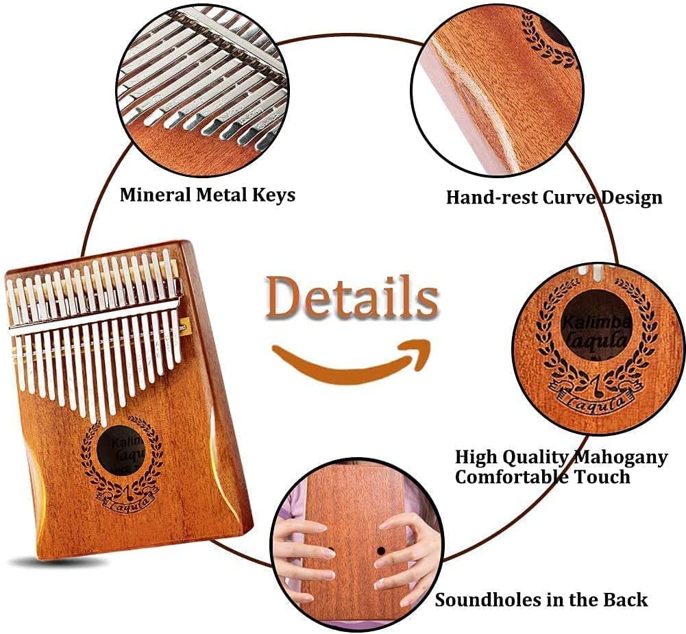 Kalimba electrica, instrument muzical cu 17 note, cu husa de depozitare, cablu cu mufa de 6mm si adaptor, ciocan tuner, din lemn