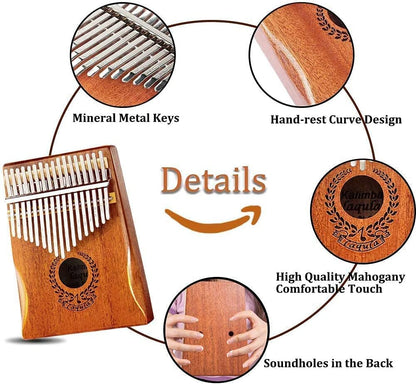 Kalimba electrica, instrument muzical cu 17 note, cu husa de depozitare, cablu cu mufa de 6mm si adaptor, ciocan tuner, din lemn