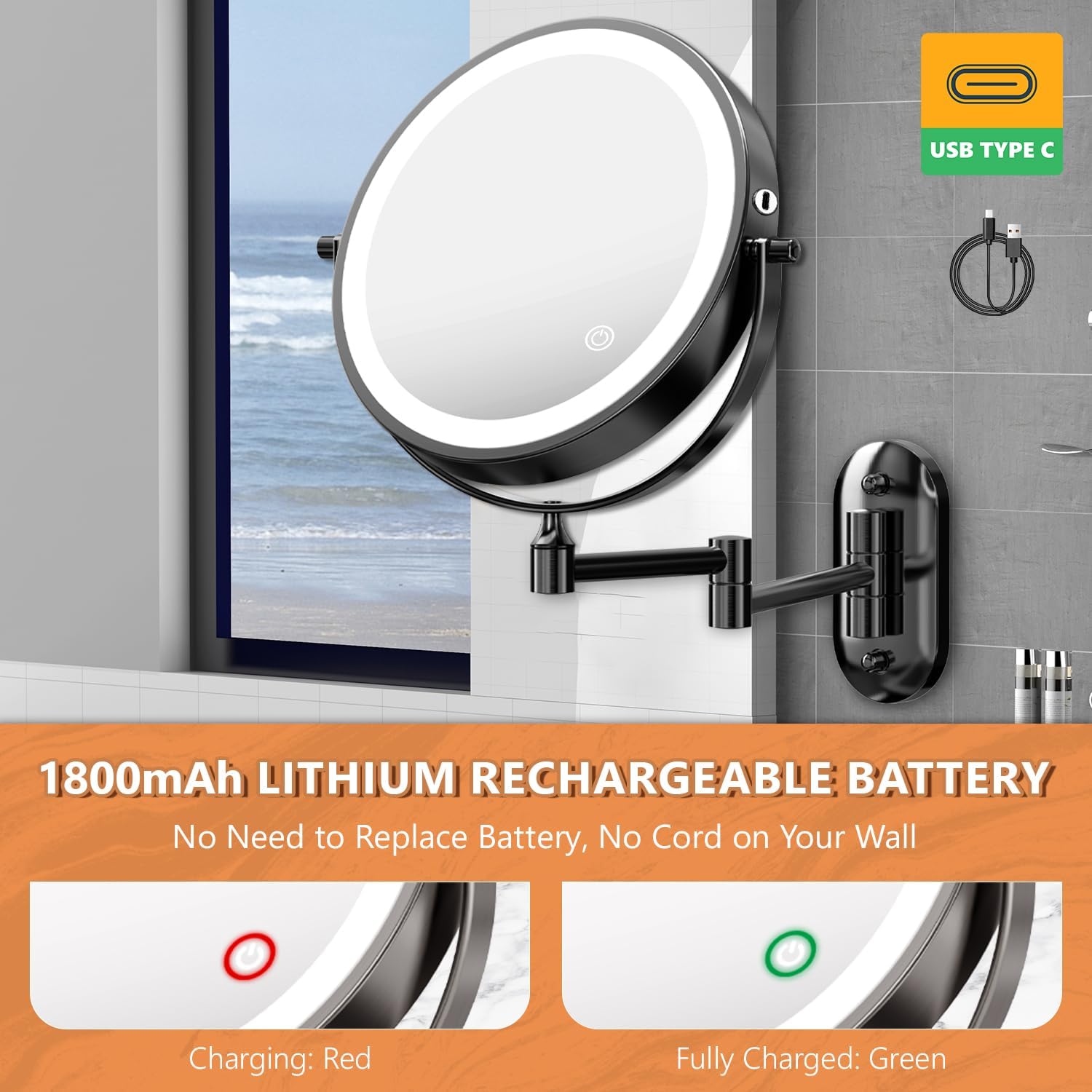 Oglinda cosmetica iluminata LED, marire 1X/20X, luminozitate reglabila, 3 moduri iluminare, reincarcabila, cu doua fete, buton tactil, rotativa 360°, neagra