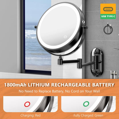 Oglinda cosmetica iluminata LED, marire 1X/20X, luminozitate reglabila, 3 moduri iluminare, reincarcabila, cu doua fete, buton tactil, rotativa 360°, neagra