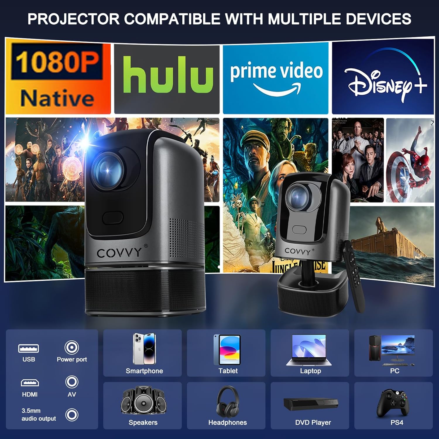 Videoproiector cu WiFi 6, Bluetooth, stand cu inaltime reglabila, Full HD 1080p, accepta 4K, 10000 lumeni, autofocus, corectie keystone, difuzor incorporat, pentru smartphone, tableta, consola, PC