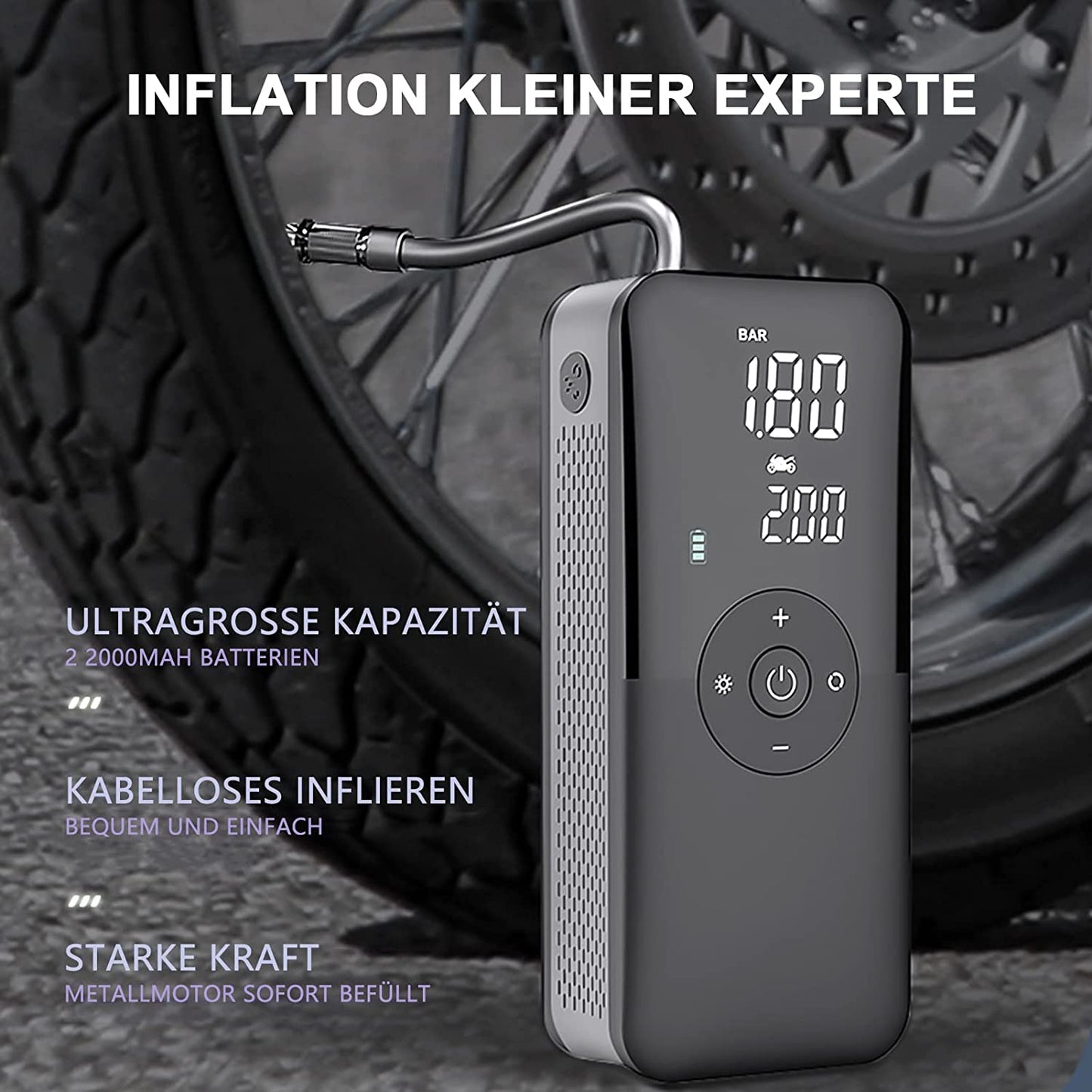 Mini compresor auto smart, portabil, 10 bari, pompa cu acumulator de 2000 mAh, cu afisaj LCD, lanterna LED, pentru masina, motocicleta, bicicleta, minge