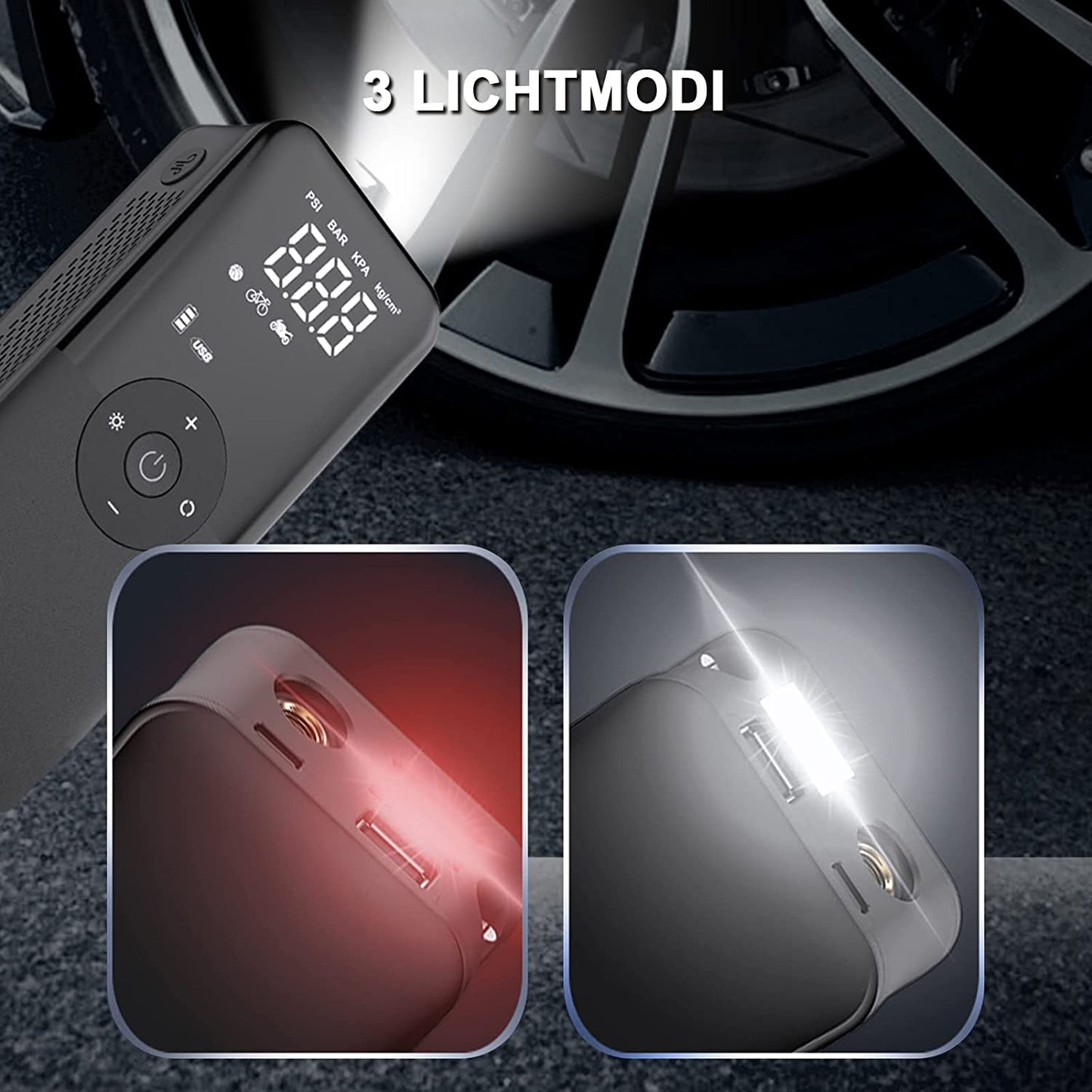 Mini compresor auto smart, portabil, 10 bari, pompa cu acumulator de 2000 mAh, cu afisaj LCD, lanterna LED, pentru masina, motocicleta, bicicleta, minge