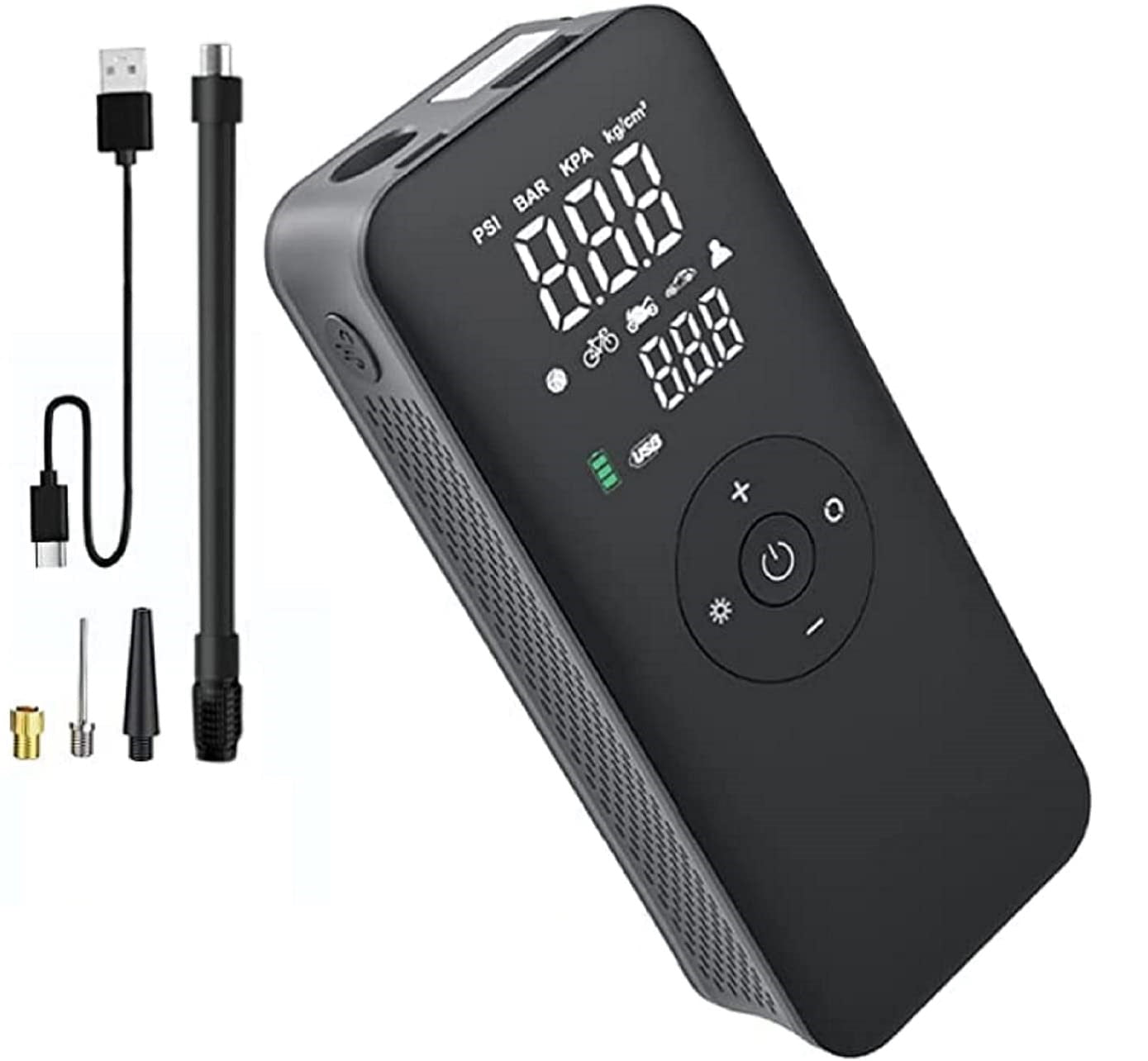 Mini compresor auto smart, portabil, 10 bari, pompa cu acumulator de 2000 mAh, cu afisaj LCD, lanterna LED, pentru masina, motocicleta, bicicleta, minge