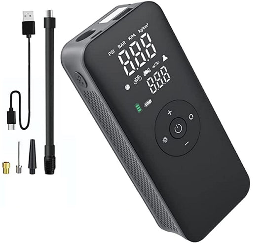 Mini compresor auto smart, portabil, 10 bari, pompa cu acumulator de 2000 mAh, cu afisaj LCD, lanterna LED, pentru masina, motocicleta, bicicleta, minge
