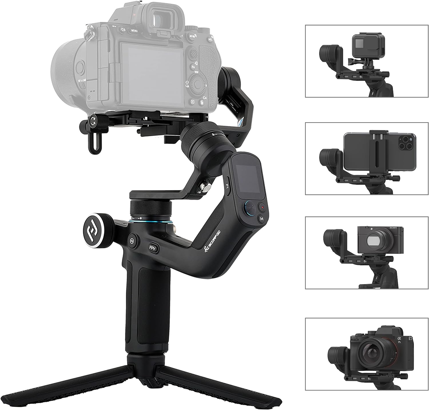 Sistem stabilizare imagine 4 in 1, stabilizator Gimbal cu 3 axe, display 1.3 inch, Fast Charge, rotita multifunctionala, incarcare pana la 1.2 kg, pentru camera de actiune, GoPro, smartphone, camera video, Scorp Mini