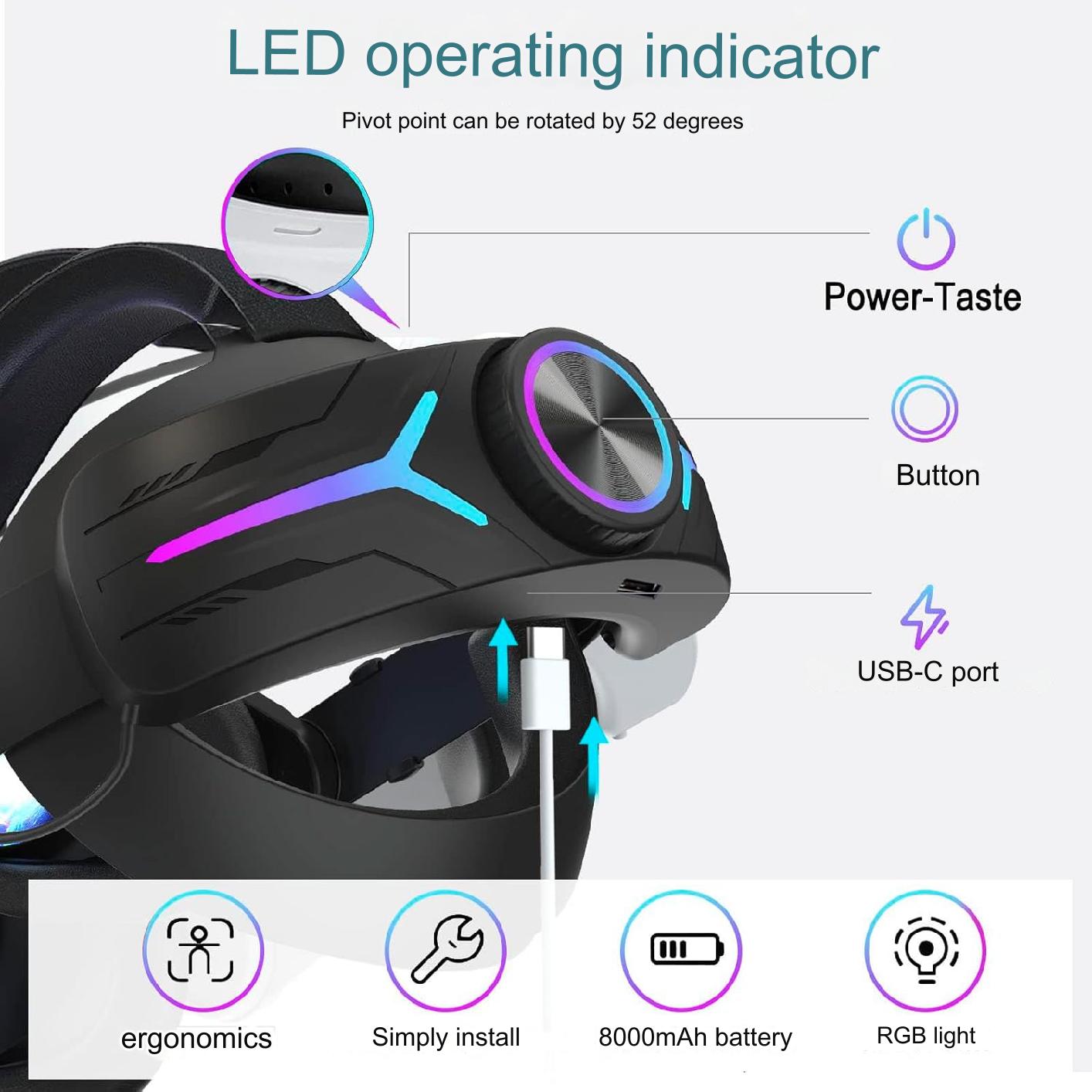 Curea de cap, strap pentru Meta Quest 3 cu acumulator 8000 mAh, cu lumini LED RGB, reglabil, incarcare rapida prin USB-C, plug and play, negru