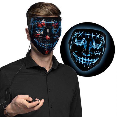 Masca Halloween, Purge, iluminare LED cu fir electroluminescent neon, horror, Albastra