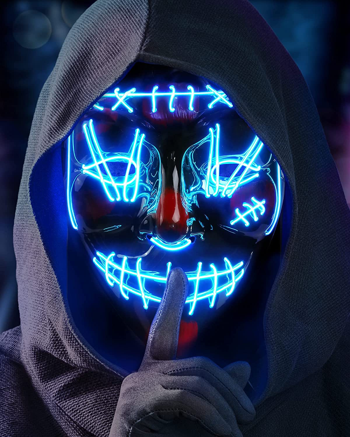Masca Halloween, Purge, iluminare LED cu fir electroluminescent neon, horror, Albastra