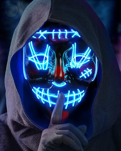 Masca Halloween, Purge, iluminare LED cu fir electroluminescent neon, horror, Albastra