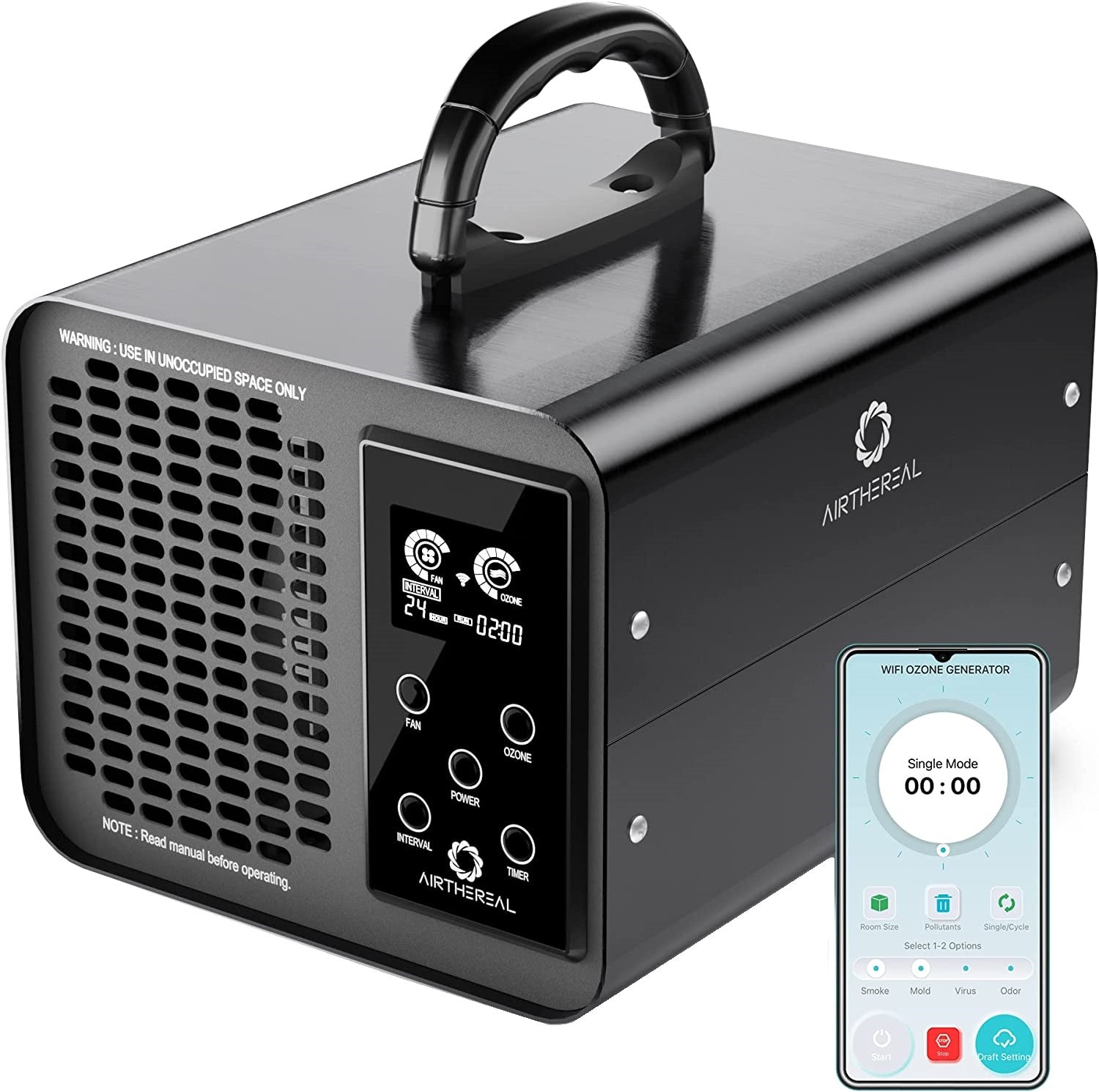 Generator de ozon profesional smart 10.000 mg/h, WiFi, control prin aplicatie, ecran LCD, temporizator, sterilizator O3 pentru casa, masina, birou