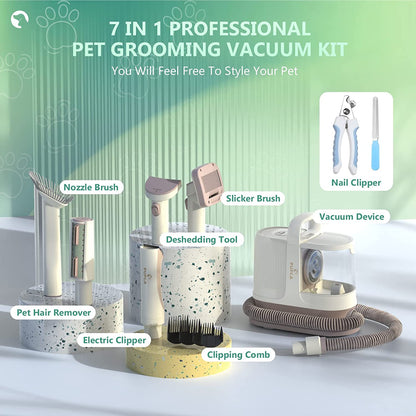 Set 7 in 1 de ingrijire animale de companie cu masina de tuns, aspirator, cleste de unghii, pila, perie, pentru caini si pisici