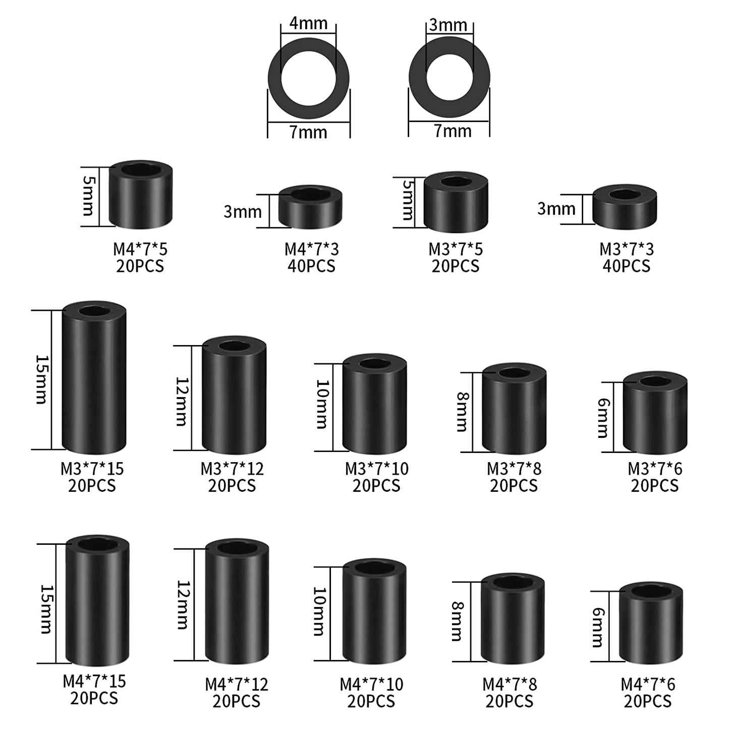 Set 320 de bucati distantiere de izolatie din Nylon, 14 dimensiuni, saibe pentru garnituri, cu cutie de depozitare, negre