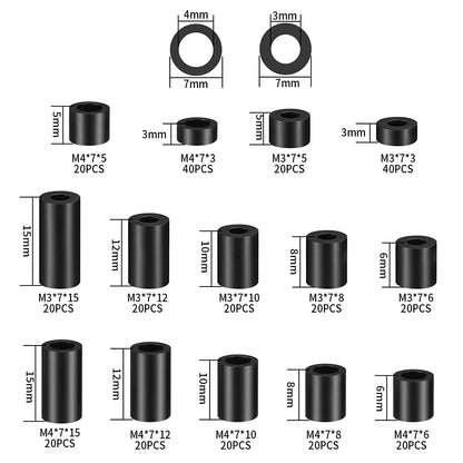 Set 320 de bucati distantiere de izolatie din Nylon, 14 dimensiuni, saibe pentru garnituri, cu cutie de depozitare, negre